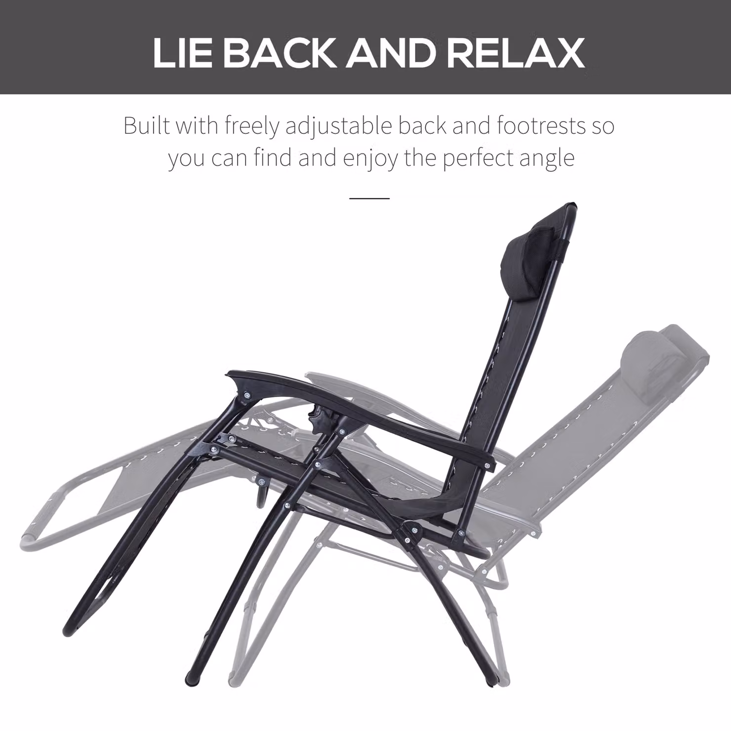 Outsunny Zero Gravity Reclining Sun Lounger with Adjustable Headrest and Armrests, Black – 4