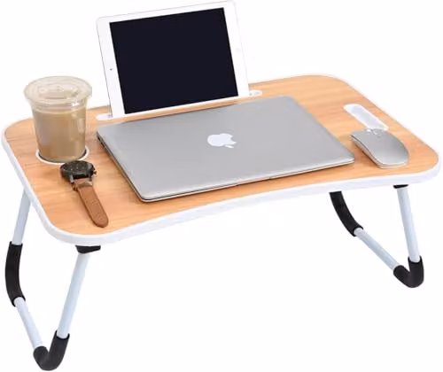 MantraRaj Laptop Bed Table with Foldable Legs and Cup Slot, Brown