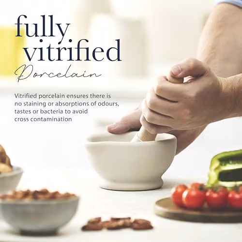 Milton Brook White Vitrified Porcelain Mortar and Pestle Set with Ergonomic Grip, Diameter: 13.35 cm – 6