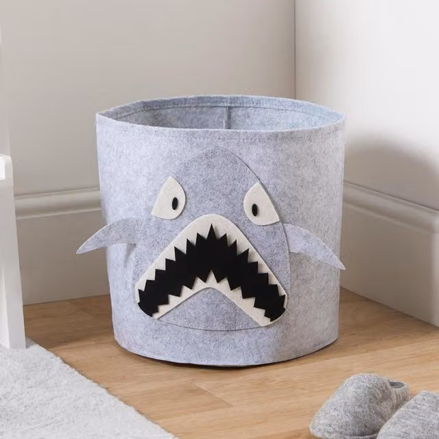 Shark Felt Toy Storage Basket with Handles in Grey