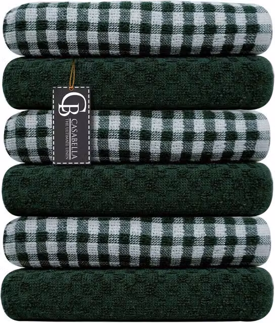 Casabella Set of 6 Checked Terry Tea Towels in Blue and Green