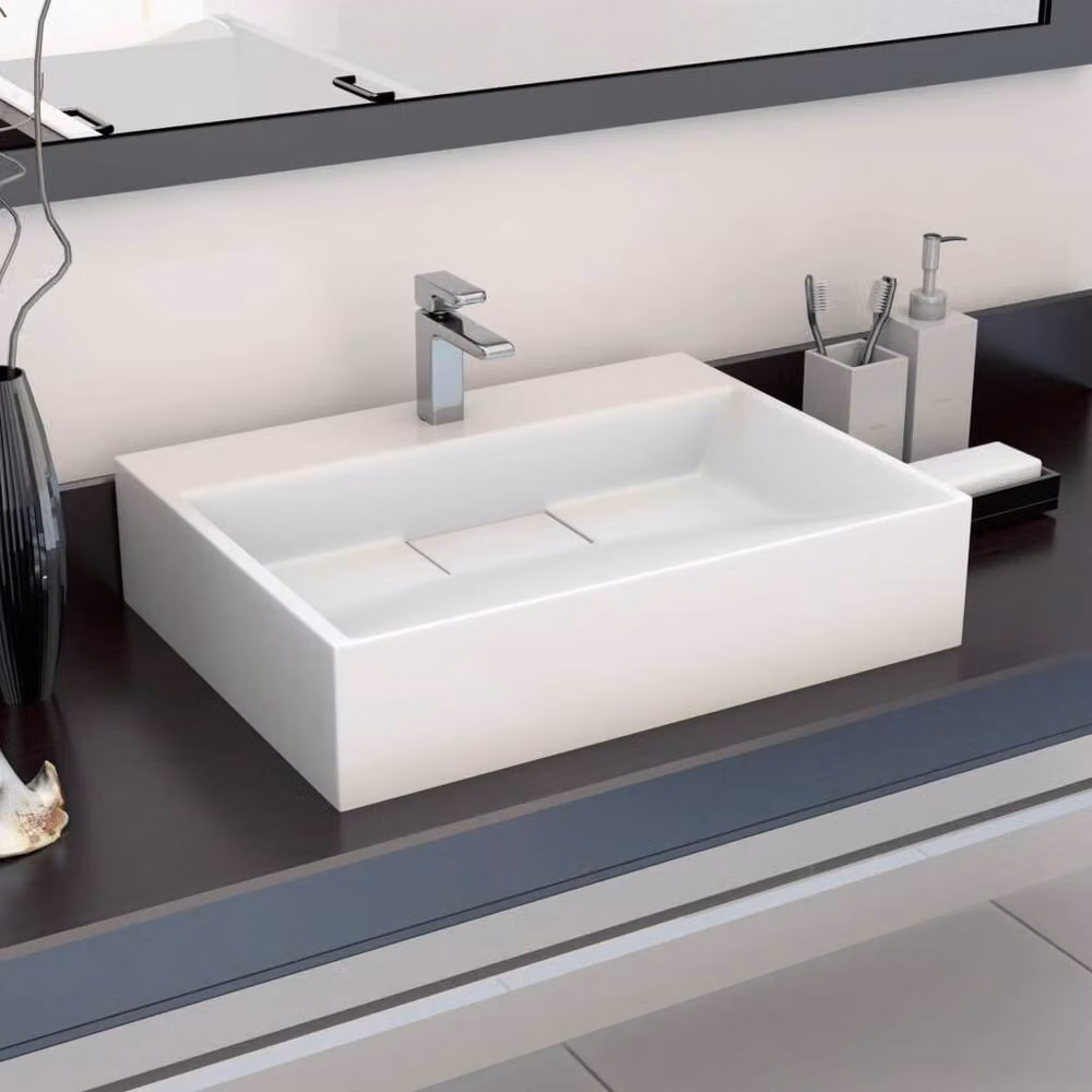 Berkfield Home White Mineral Cast Rectangular Wall Hung Wash Basin W: 50 cm, D: 38 cm, H: 13 cm – 2