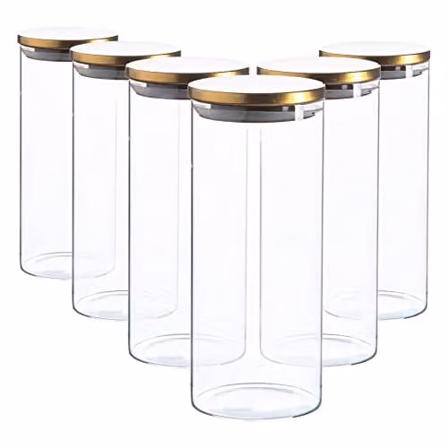 Argon Tableware Scandi Airtight Glass Storage Jars with Gold Metal Lids, 1.5 l, 6 Pack – 1