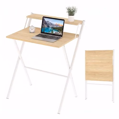 Levede Folding Oak Computer Desk with Monitor Shelf, W/D/H: 69.5 x 67.5 x 45 cm