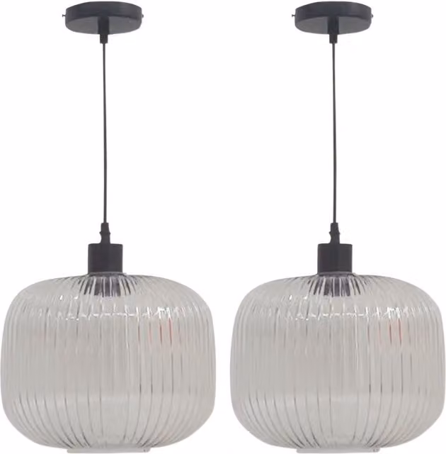 First Choice Lighting Batley Set of 2 Large Pendant Lights with Transparent Ribbed Glass and Black Fittings, H 127.5 cm x W 25.5 cm x D 25.5 cm