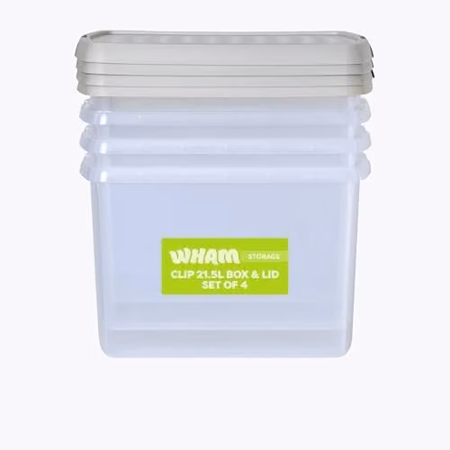 Wham Set of 4 Stackable Plastic Storage Boxes with Lids, 21.5L Each, Transparent and Beige