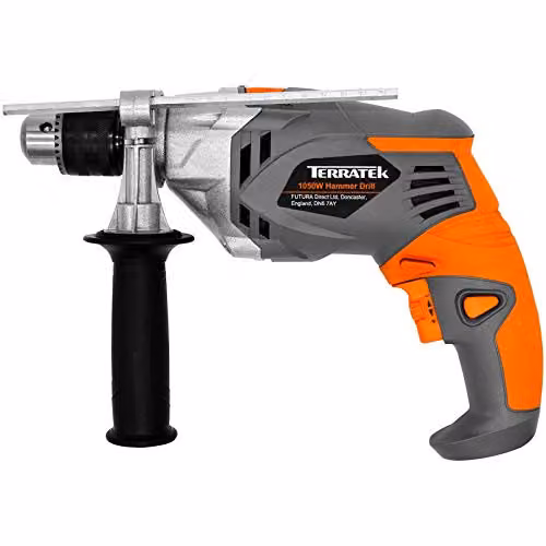 Terratek 1050W Corded Hammer Drill with 13mm Chuck and Variable Speed in Orange and Grey – 1