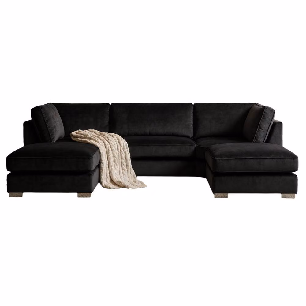 Home & Love Bishop U Shape Cinema Scatter Corner Sofa in Black Plush Fabric with Matching Ottoman and Scatter Cushions – 2