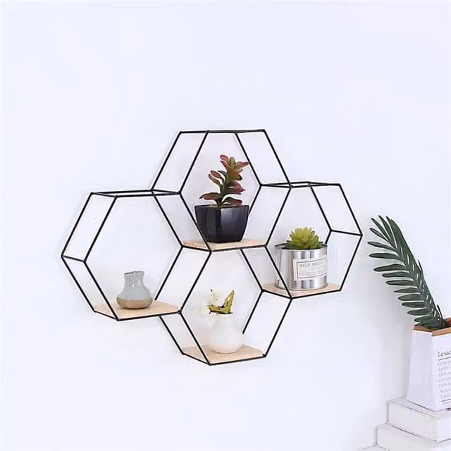 KORVIXA A-Four Hexagon Metal Floating Wall Shelves in Black