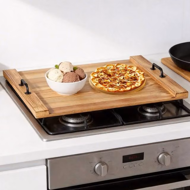 Ventryn Multi-Functional Brown Stove Cover, Rectangular Wood Cutting Board and Serving Tray with Handle and Groove