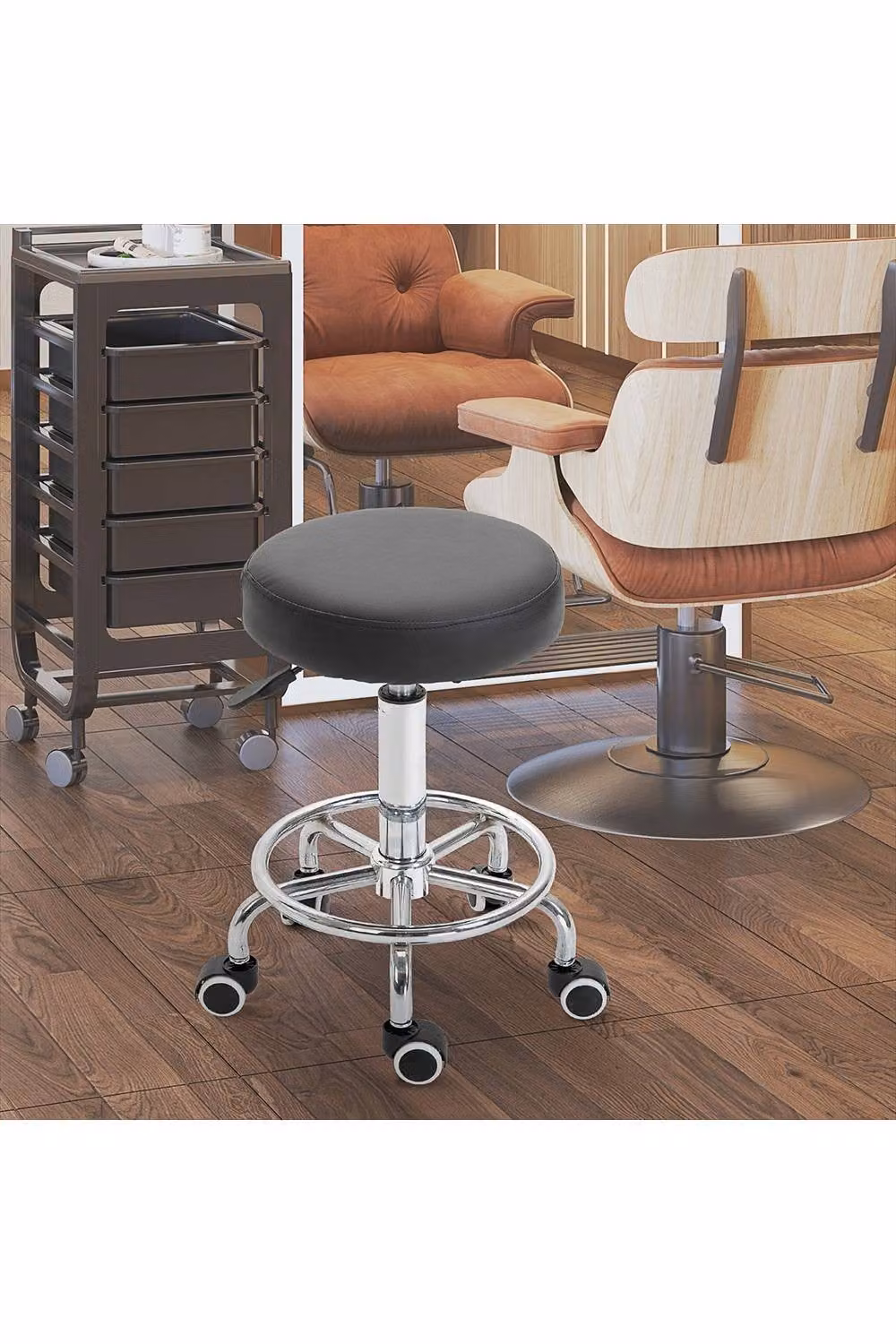 ERGOVEXA Round Rolling Stool in Black PU Leather with Height-Adjustable Seat and Castors – 3