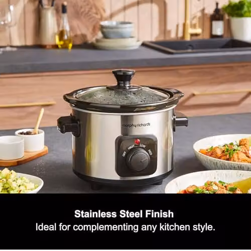 Morphy Richards 1.5L Compact Slow Cooker in Silver with Ceramic Pot and Stainless Steel Finish – 4