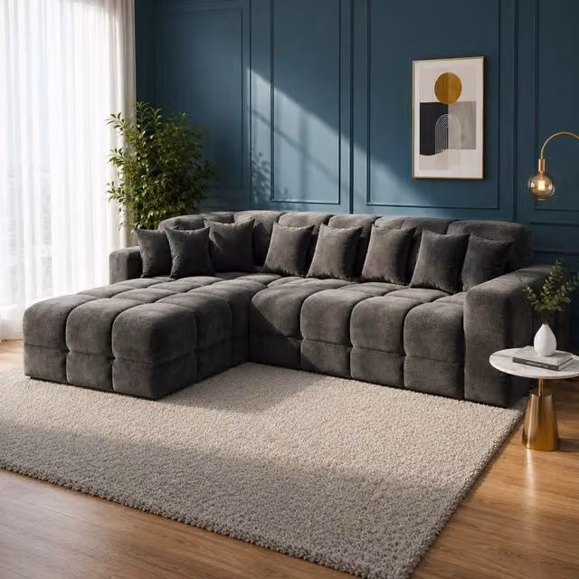 Stratus Interiors Jacob Modern L-Shape Bubble Cloud Sofa in Grey with Removable Covers and Scatter Cushions