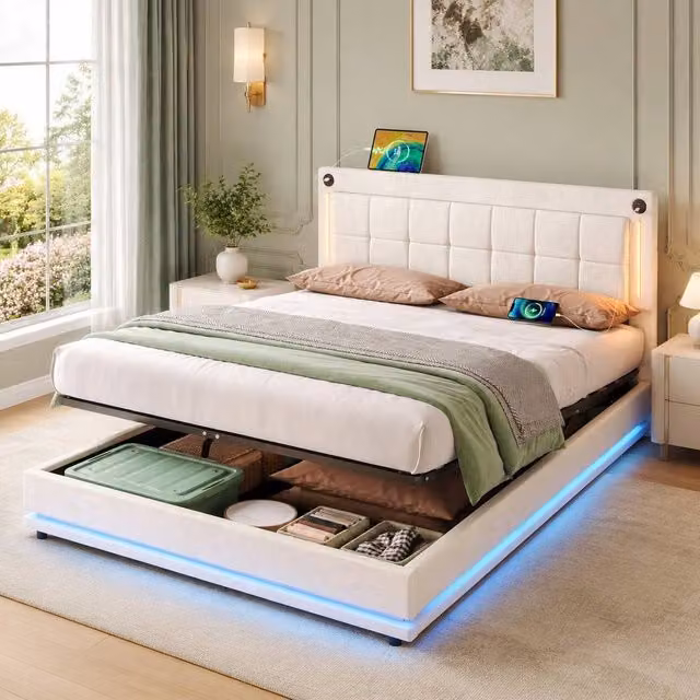 STILVORA King Ottoman Bed in Beige Velvet with LED Lighting, USB Charging Port and Integrated Reading Light, W/D/H: 180 x 200 cm – 1