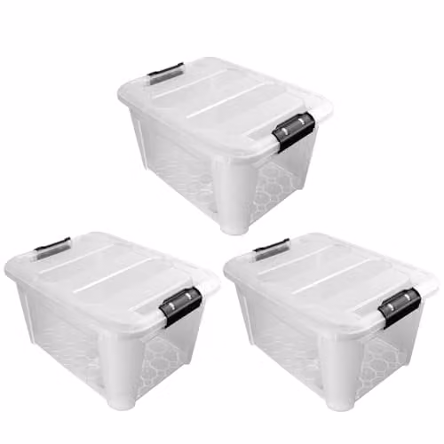 JVL Set of 3 Plastic Secure Clip Lidded Storage Boxes, Stackable and Nestable, Transparent, 30L – 1