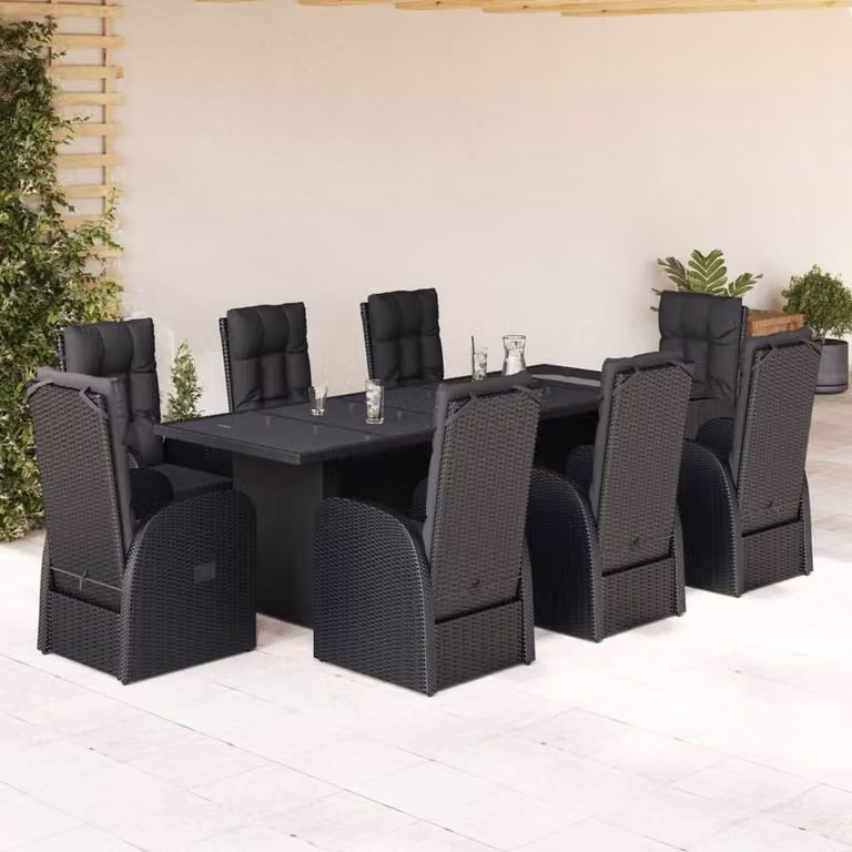 Berkfield Home Beautiful 9 Piece Black Poly Rattan Garden Dining Set with Cushions