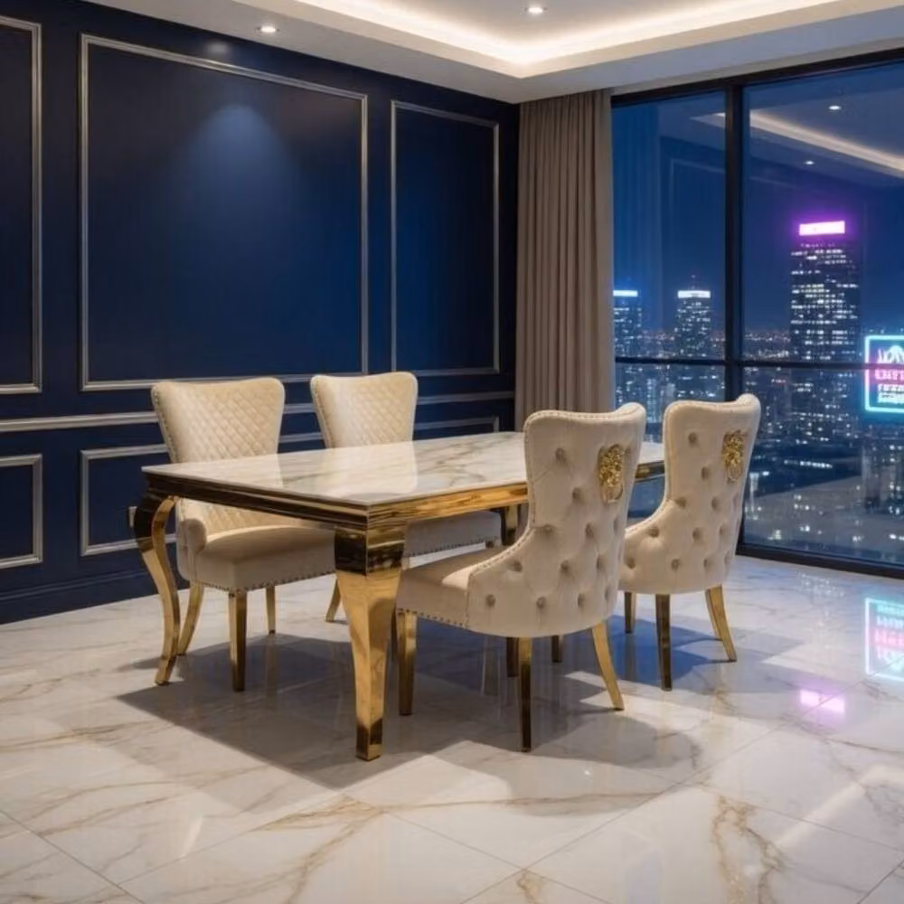 HOME LUXE INTERIOR Sofia Rectangular Marble Dining Table and 4 Victoria Mink Lion Chairs in Cream and Gold – 4