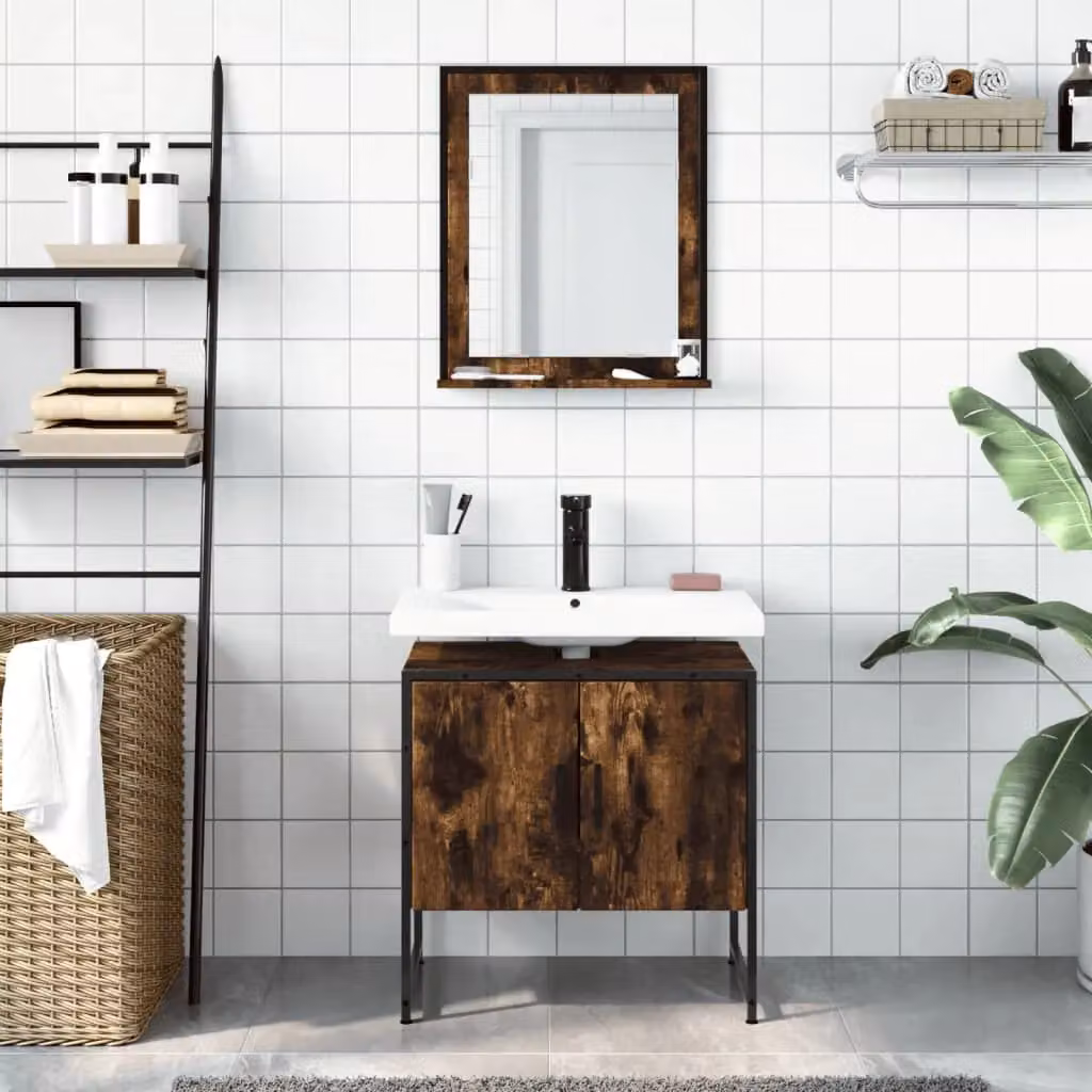 Berkfield Home 2 Piece Brown Smoked Oak Industrial Wall Mounted Bathroom Mirror Cabinet Set – 3