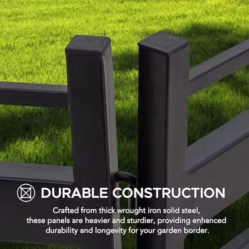 SUNJOY 5-Pack Solar Garden Fence with Waterproof Warm White LED Path Lights, Black Metal Decorative Strip Pattern Border Fencing Panels for Outdoor Landscaping – 3