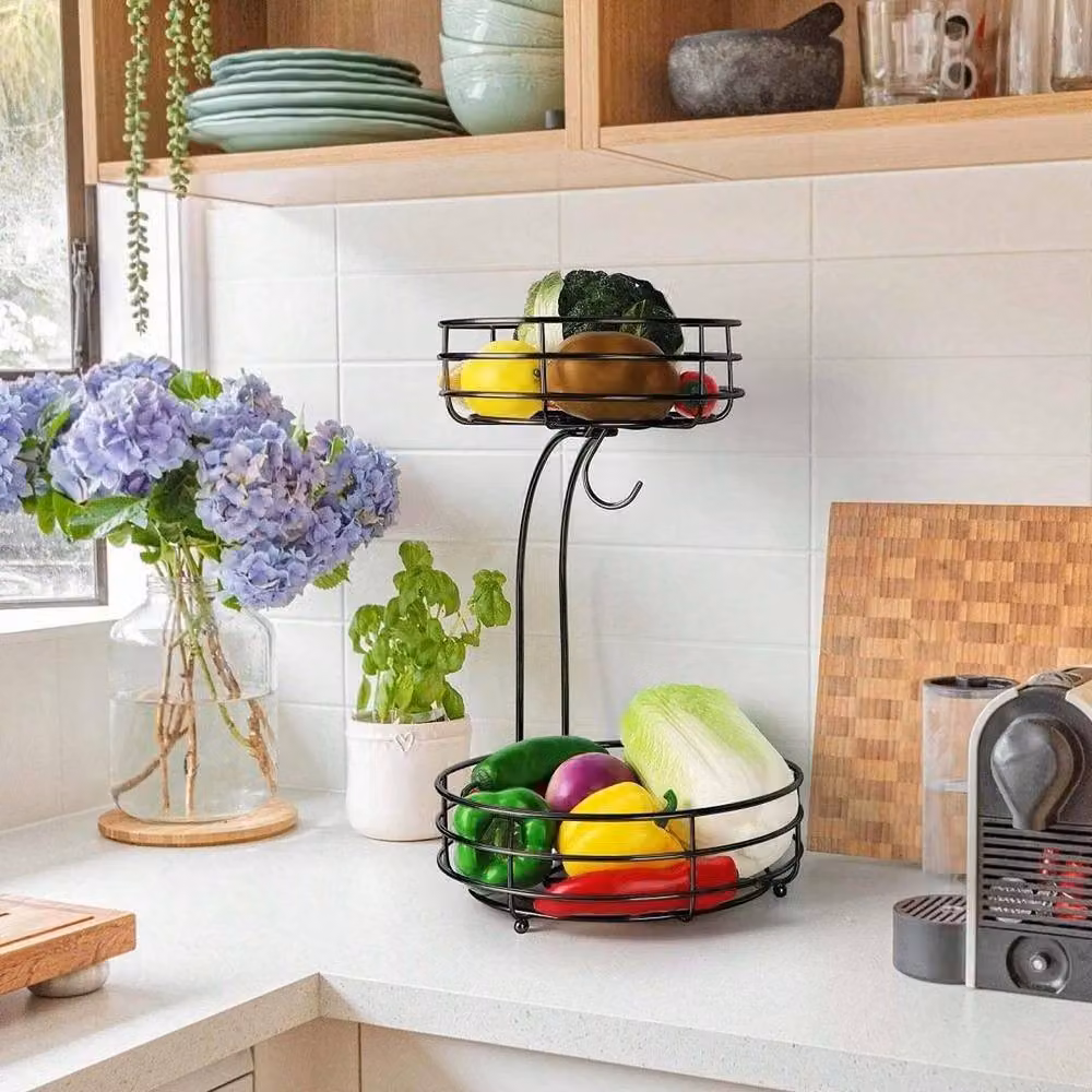 FLAVORA 2 Tier Metal Fruit Basket Stand with Banana Hanger in Black – 5
