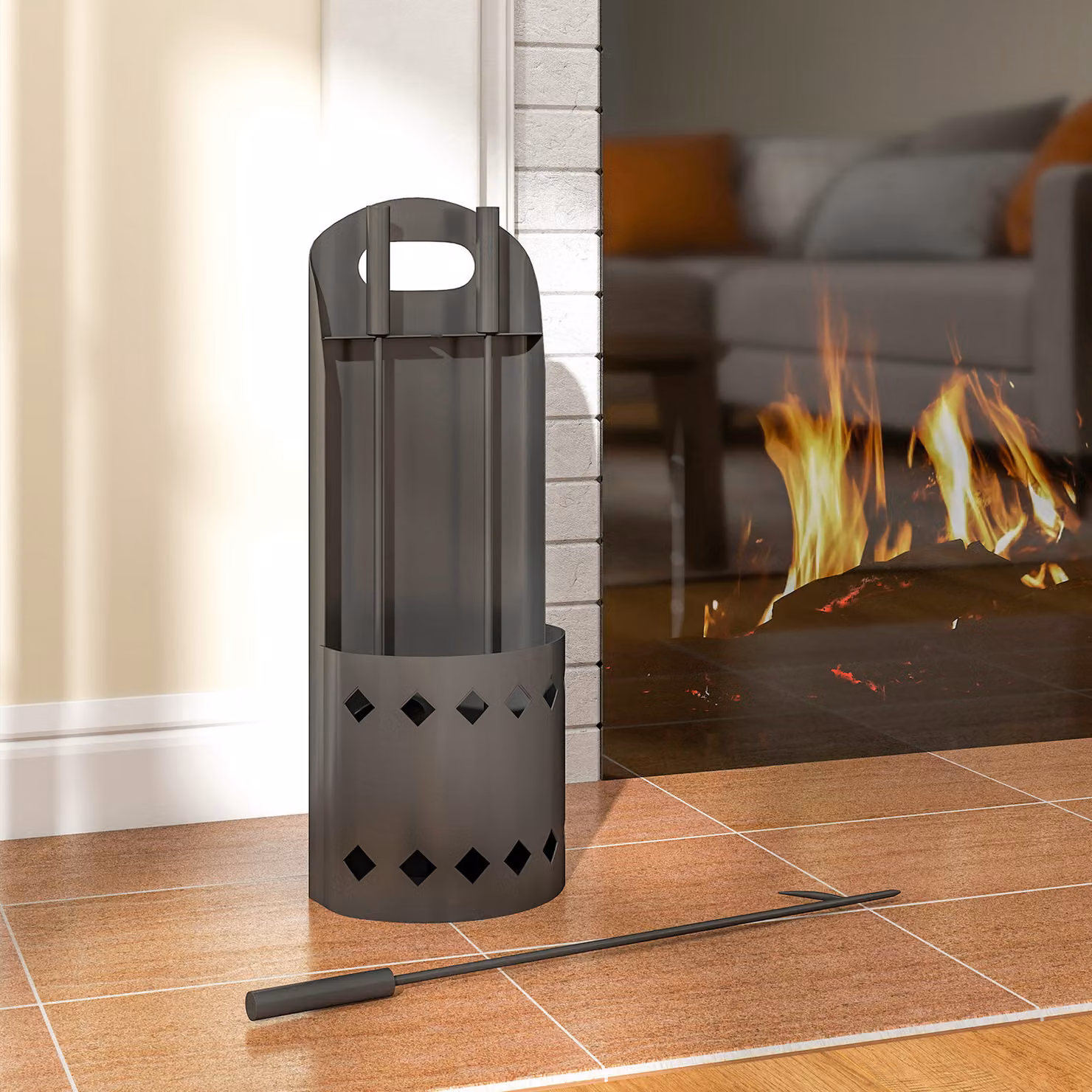 Outsunny 4 Piece Metal Fireplace Companion Set with Broom, Shovel, Poker and Bucket, Black – 6