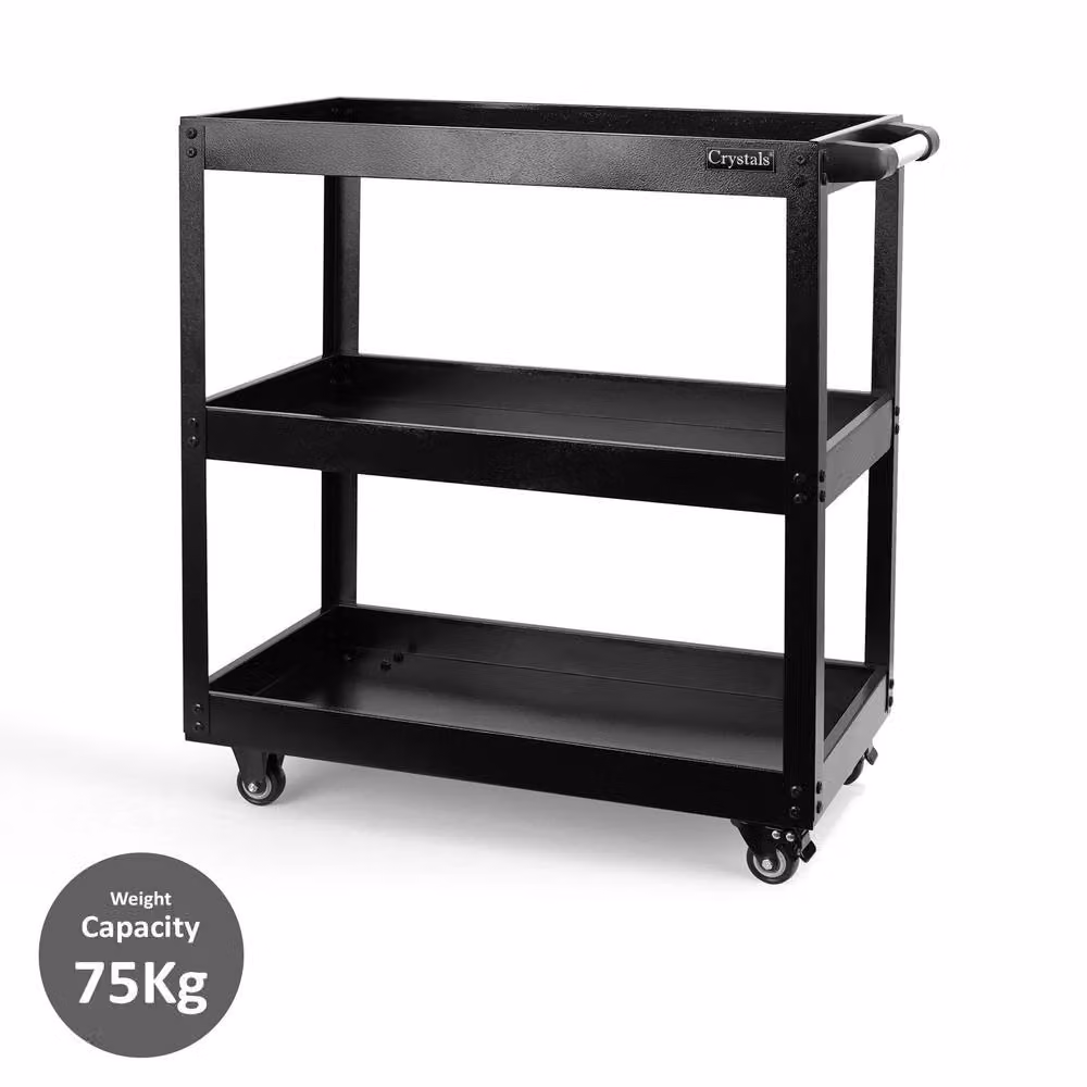 Crystals 3 Tier Heavy Duty Tool Storage Cart with Wheels, Black, W: 52 cm, D: 52 cm, H: 74 cm – 2