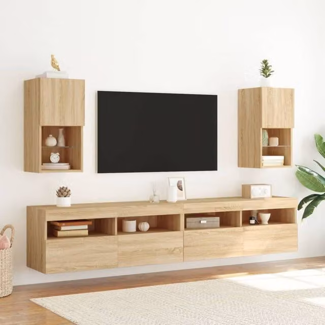 Berkfield Home Set of 2 TV Cabinets with LED Lights in Light Oak, W/D/H: 30.5 x 30 x 60 cm – 1