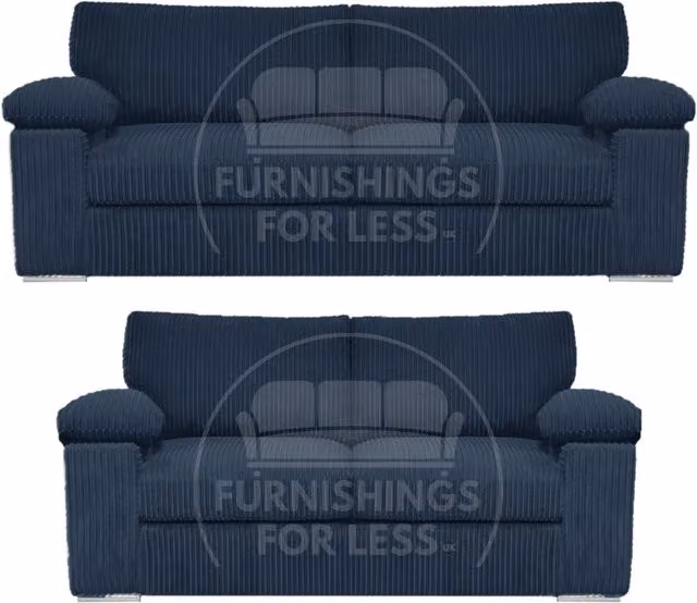 Furnishings For Less UK Delta Blue Jumbo Cord Fabric Sofa Suite with Padded Arms, 3 and 2 Seater