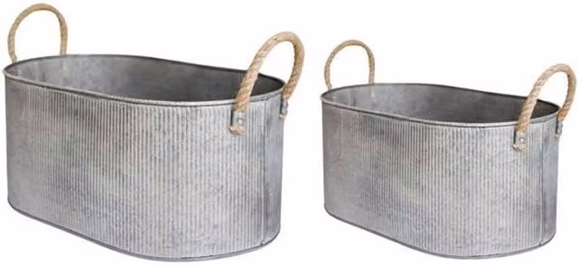 Lemon Pavilion Furniture and Decor Galvanised Steel Outdoor Rope Handle Trough Planter Set of 2 in Grey – 1