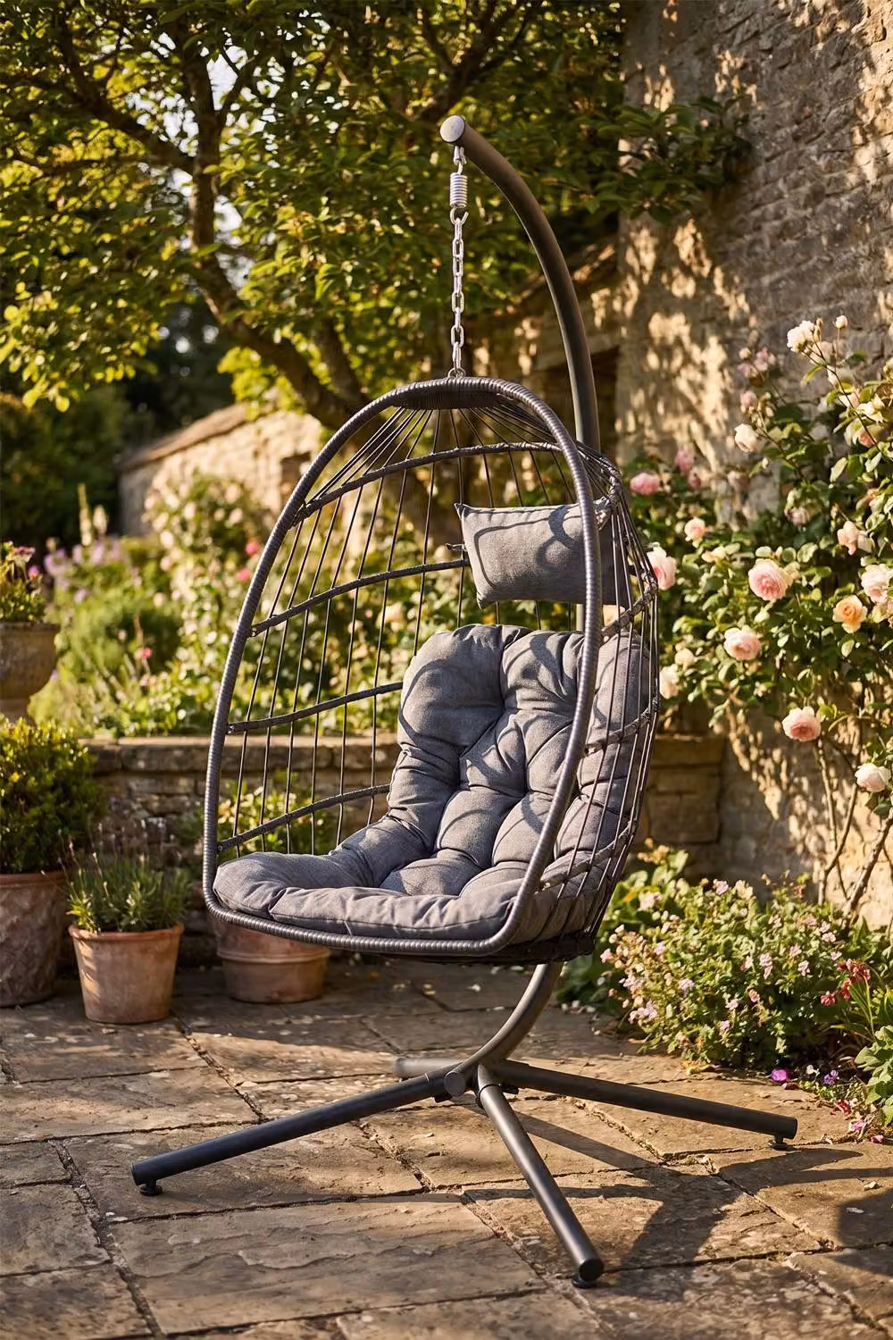 Living and Home Egg-Shaped Hanging Lounge Chair with Cushions and Headrest in Black – 3