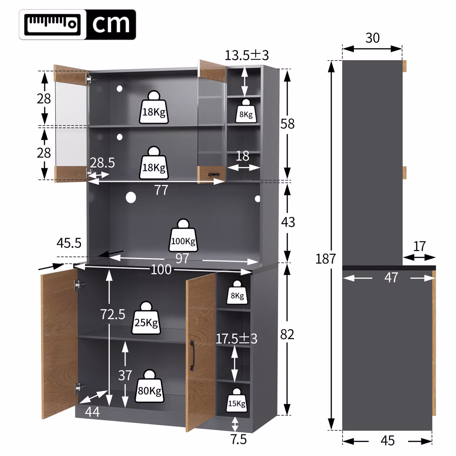 Aosom UK Tall Kitchen Cupboard with LED Lighting and Glass Doors, Natural and Grey, W: 47 cm, D: 47 cm, H: 187 cm – 3
