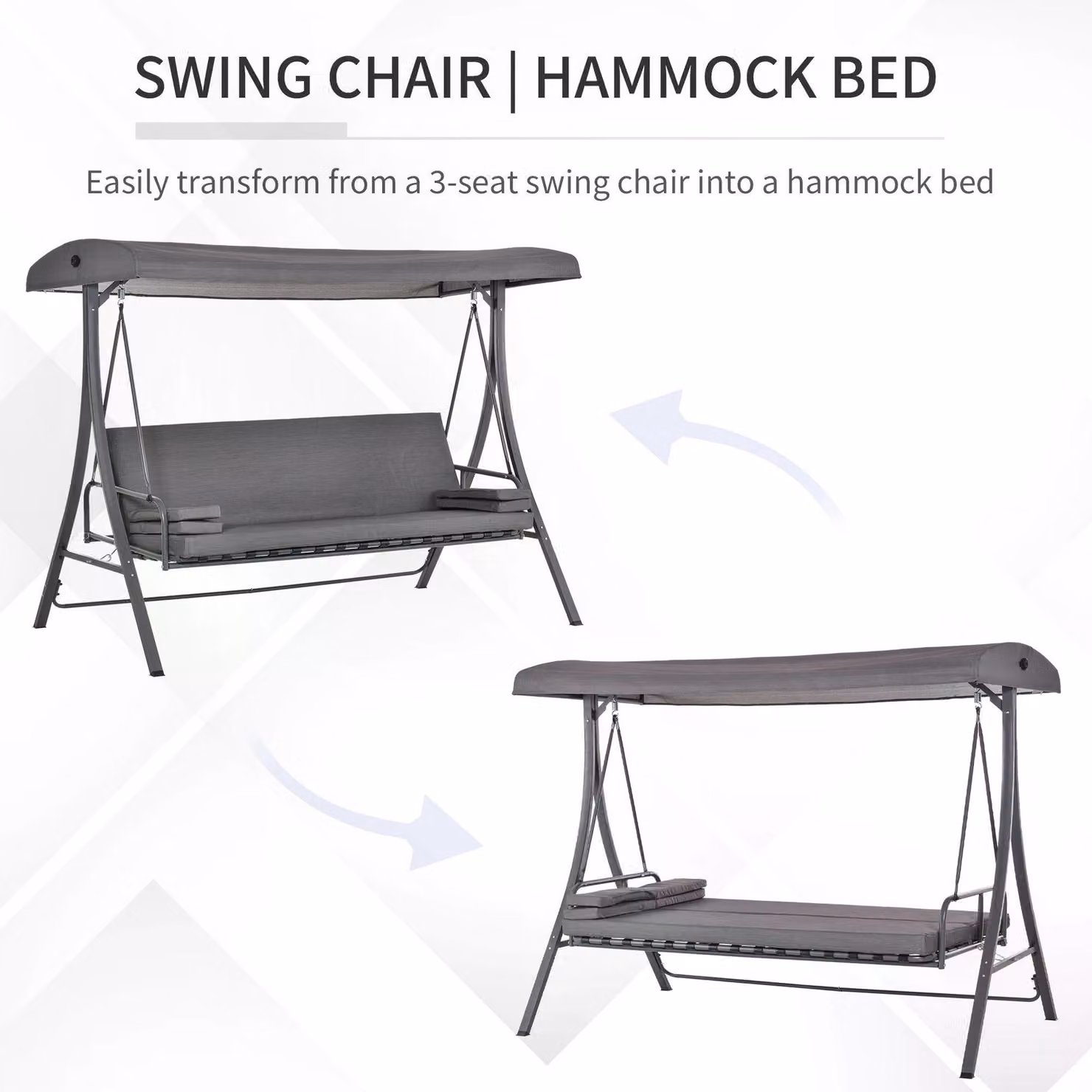 Outsunny 2-in-1 Outdoor Patio Swing Chair and Garden Bench Lounger with Adjustable Canopy and Cushions, Grey – 3