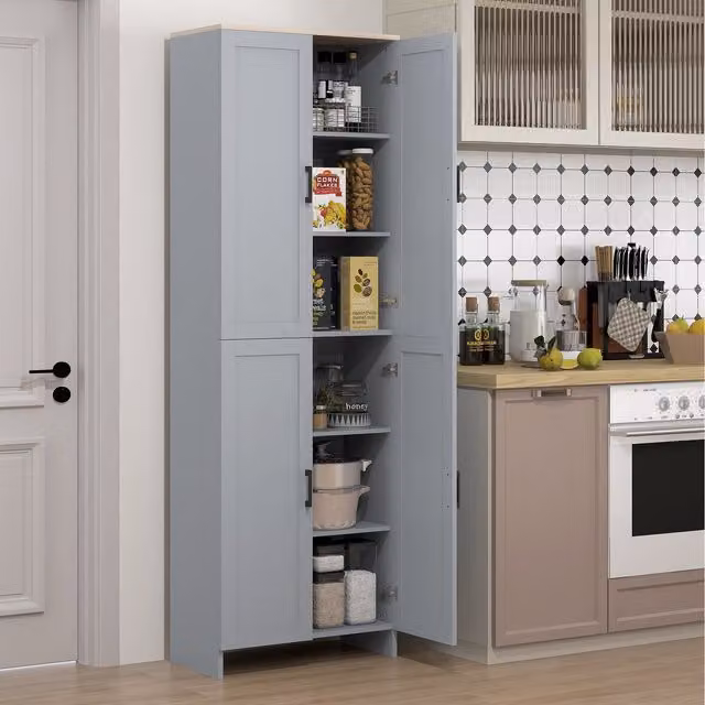 HOMCOM Modern Grey 4-Door Kitchen Storage Cabinet with Adjustable Internal Shelves
