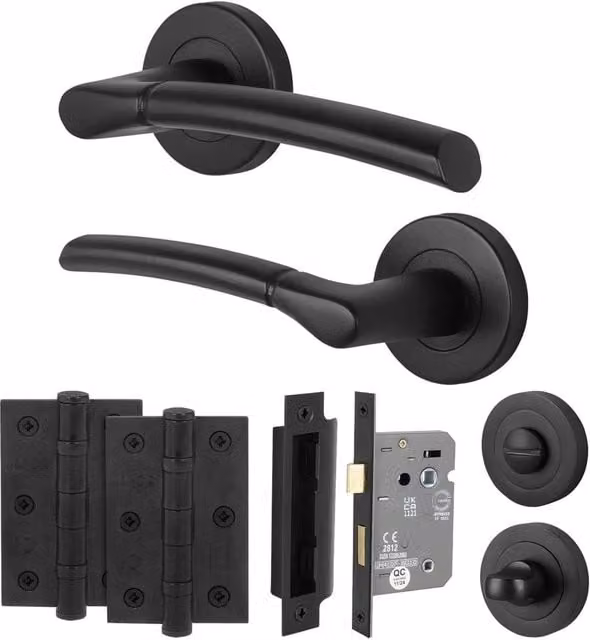 AFIT Matt Black Round Rose Bathroom Door Handle Set with WC Lock and Hinges, W/D/H: 15 x 15 x 6 cm
