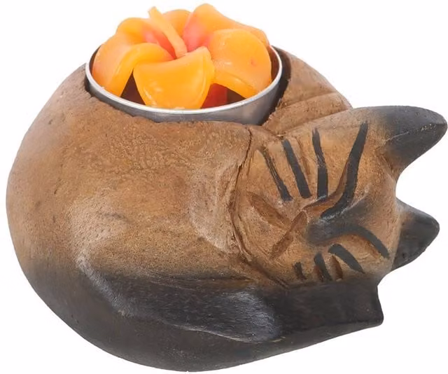 Something Different Brown Wooden Cat Tealight Holder – 1