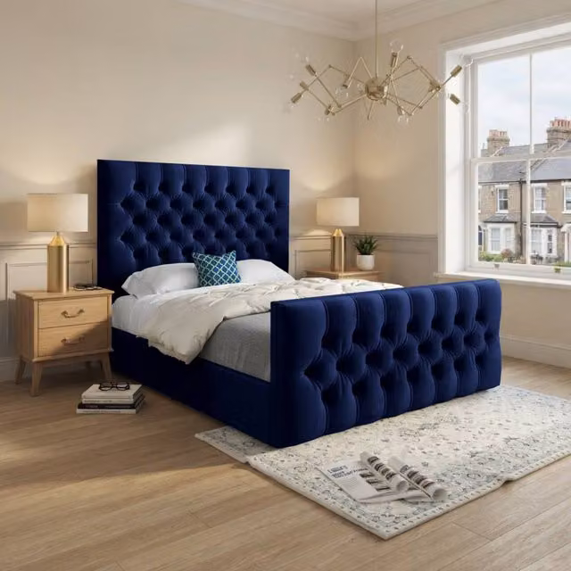 KDMD Shawford Chesterfield Upholstered Velvet Designer Bed Frame, Blue, W/D/H: 140 x 200 x 137 cm – 1
