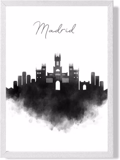 ARTZE Madrid Watercolour Skyline City Framed Print, Black and White, A2