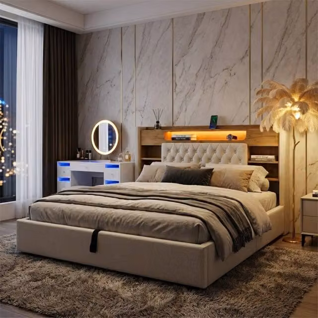 FENCHILIN Upholstered LED Bed Frame with Hydraulic Storage and Charging Station in Beige, W/D/H: 140 x 200 x 115 cm – 1