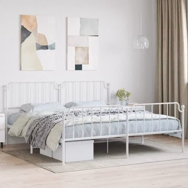 Berkfield Home Metal Bed Frame with Headboard and Footboard in White, W/D/H: 193 x 203 cm
