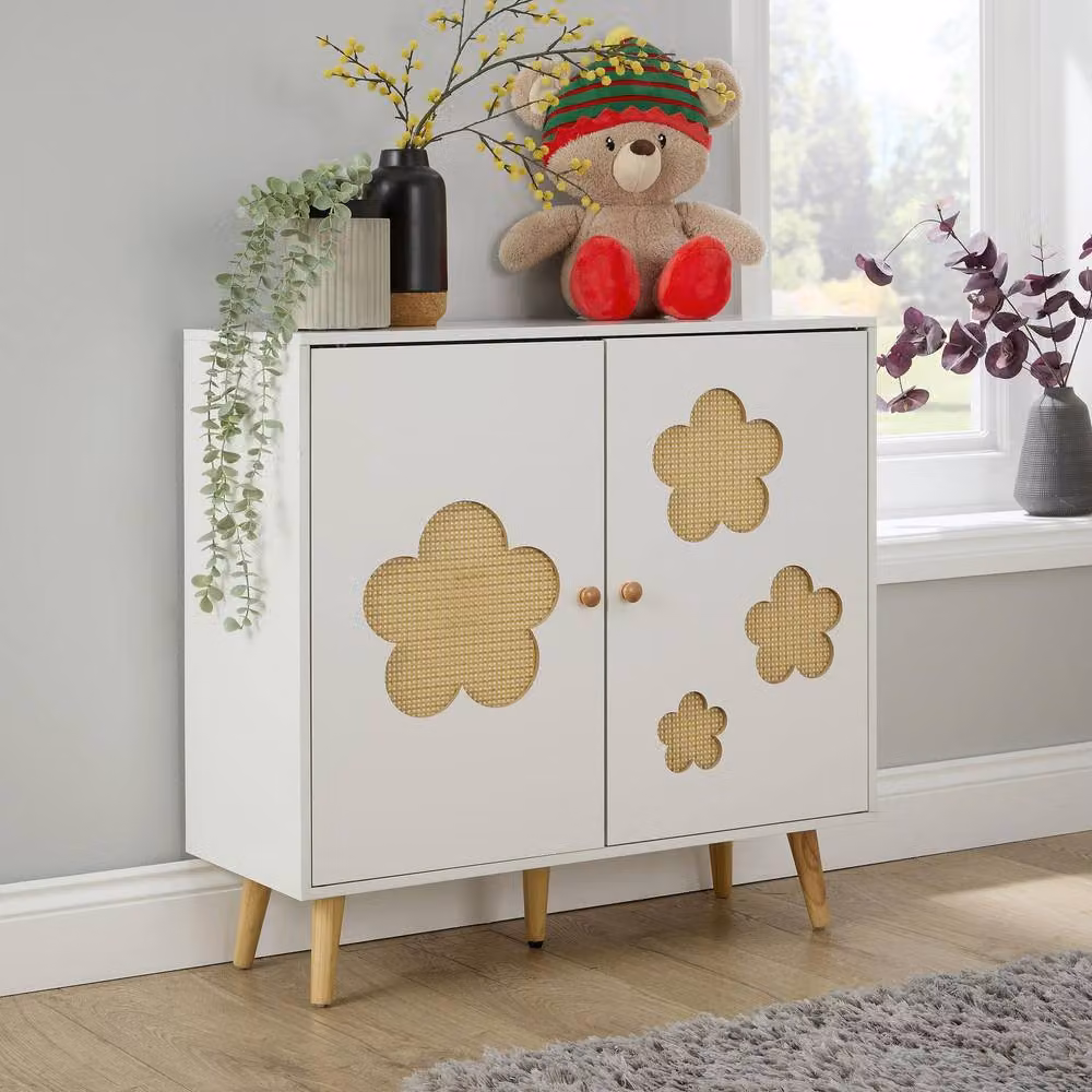 Home Source White Modern 2 Door Storage Cabinet with Rattan and Wood Details, H: 75.0 cm, W: 73.0 cm, D: 30.0 cm – 2