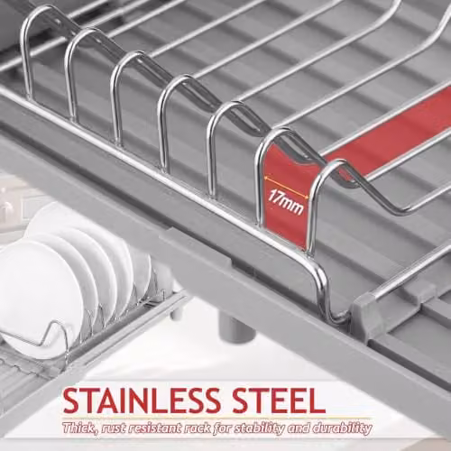 Spares2go Expandable Stainless Steel Dish Drainer with Cutlery Holder, Grey, W/D/H: 20.0 x 20.0 x 12.0 cm – 4