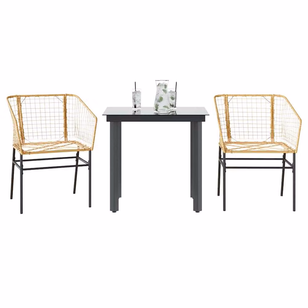 Berkfield Home Beautiful 3 Piece Brown Poly Rattan Garden Dining Set with Glass Top – 2