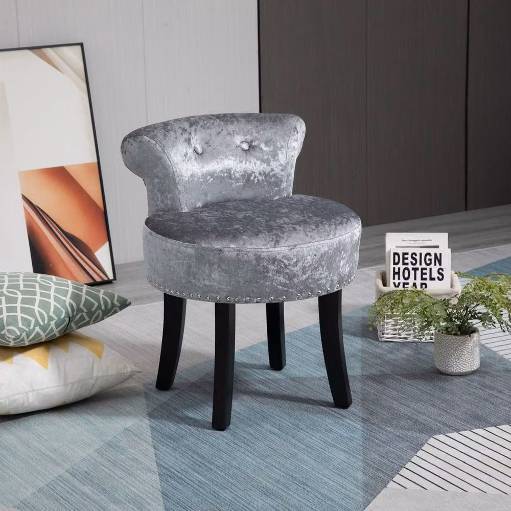 Wyld Haus Grey Velvet Dressing Table Stool with Rubberwood Legs, H 62.0 x W 54.0 x D 54.0 cm – 3