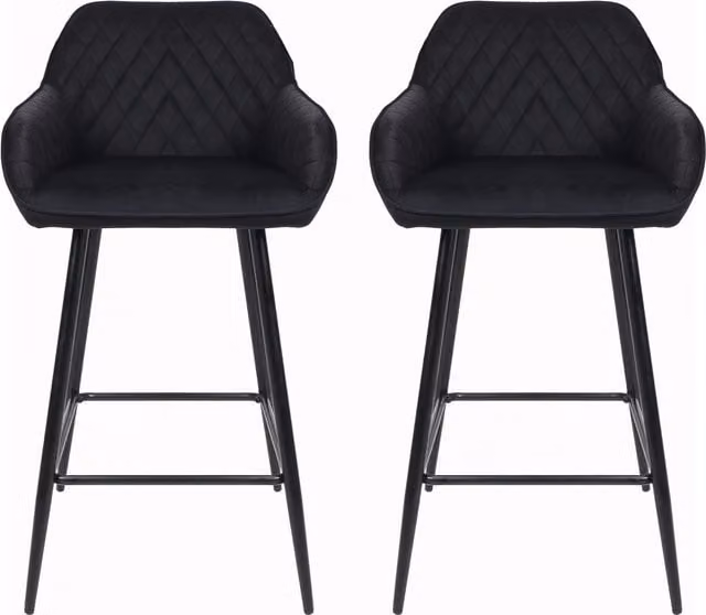 Neo Set of 2 Black Crushed Velvet Breakfast Bar Stools with Metal Legs