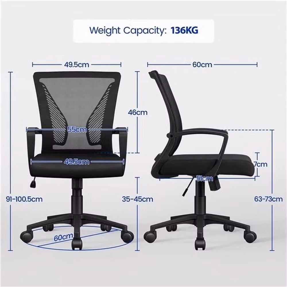 KORVIXA Black Fabric Mesh Swivel Task Chair with Armrests for Home Office – 2