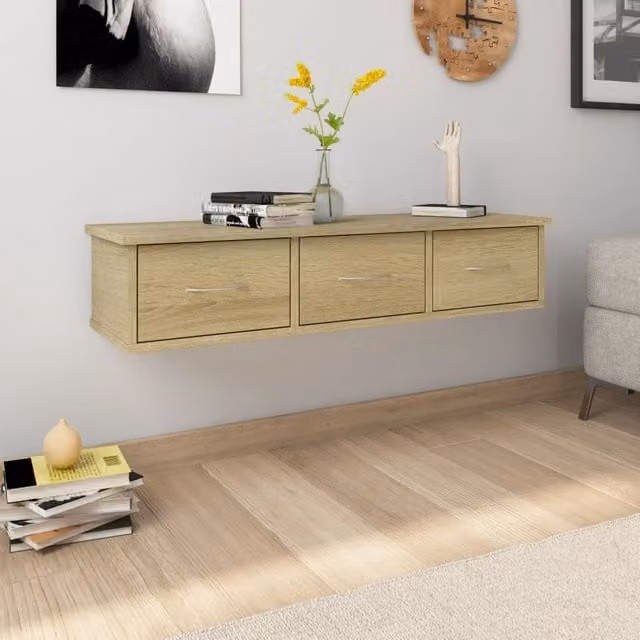 Berkfield Home Wall-mounted Drawer Shelf in Sonoma Oak, Brown, W/D/H: 88 x 26 x 18.5 cm