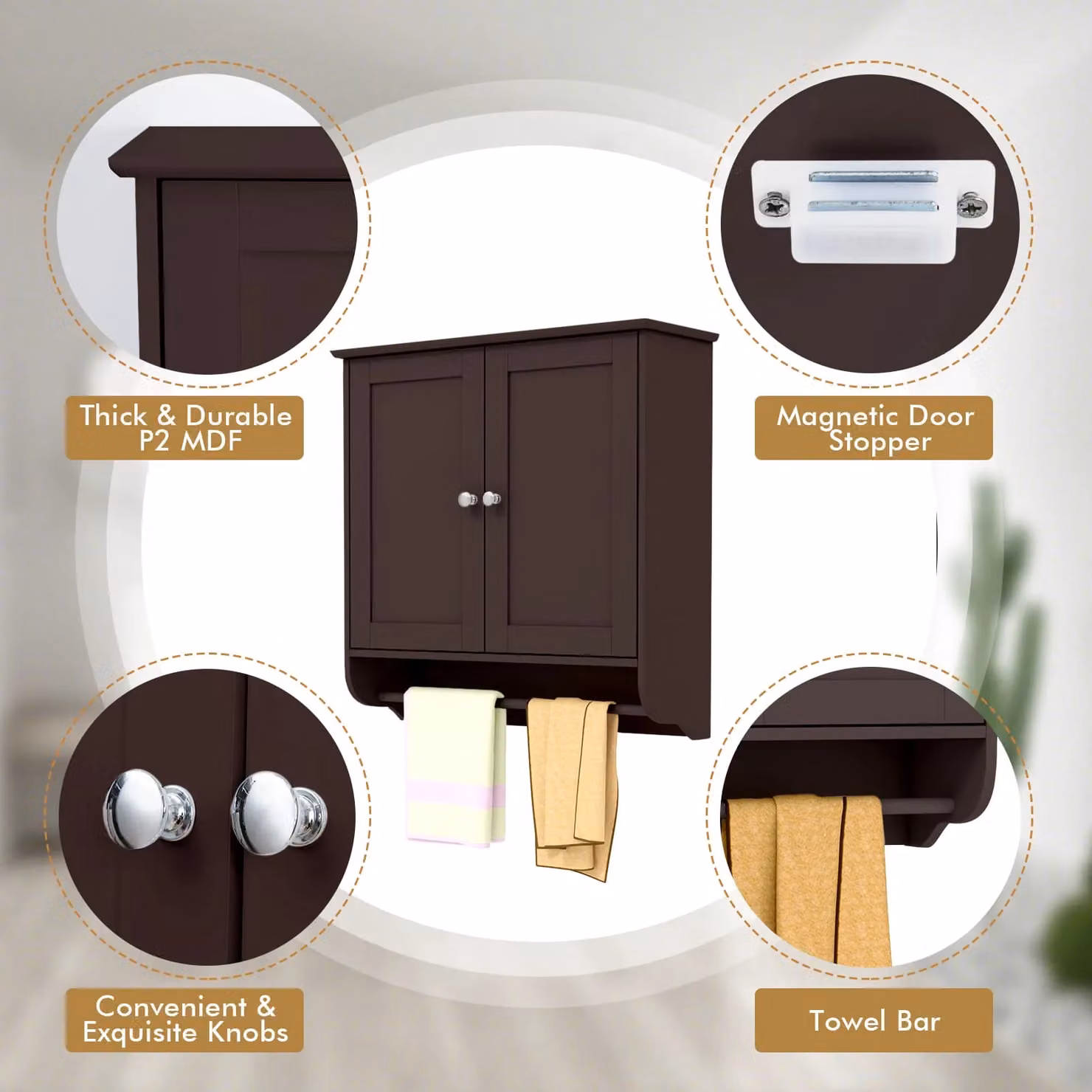 Gymax Brown Wall Mounted Bathroom Cabinet with Towel Bar and Adjustable Internal Shelves – 3