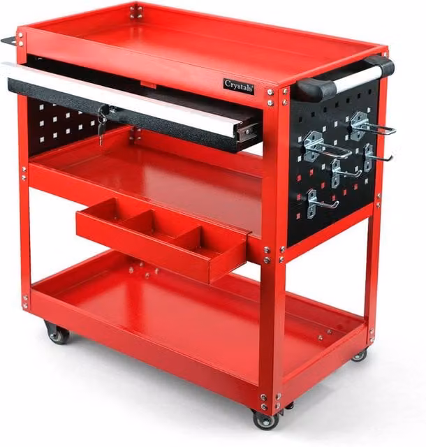 Crystals 3 Tier Workshop Tool Trolley Cabinet with Drawer and Wheels, Red, W: 52 cm, D: 52 cm, H: 75 cm