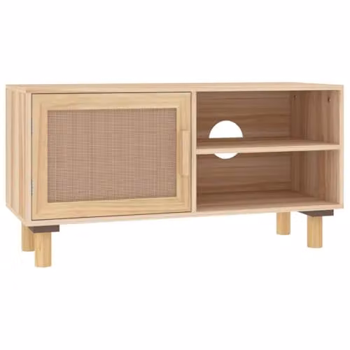 vidaXL Solid Wood Pine TV Cabinet with Natural Rattan, Brown, W/D/H: 80 x 30 x 40 cm – 1