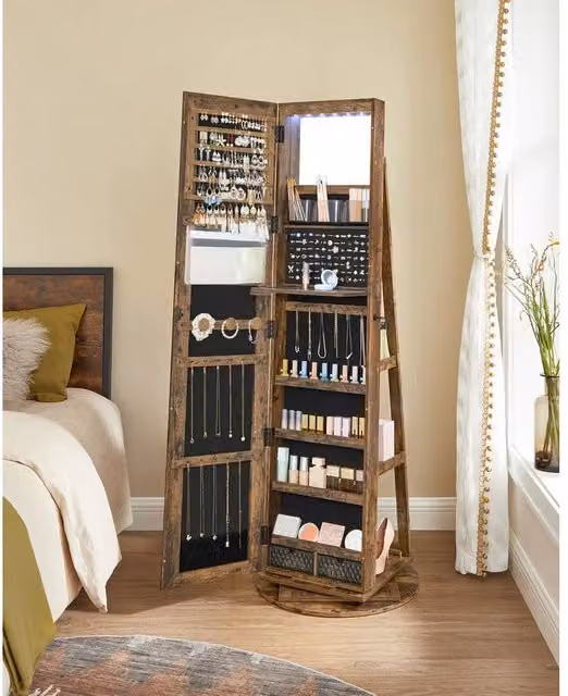 FORGEVIO Rustic Brown and Black Mirror Jewellery Cabinet with LED Lighting and Internal Shelves and Drawers